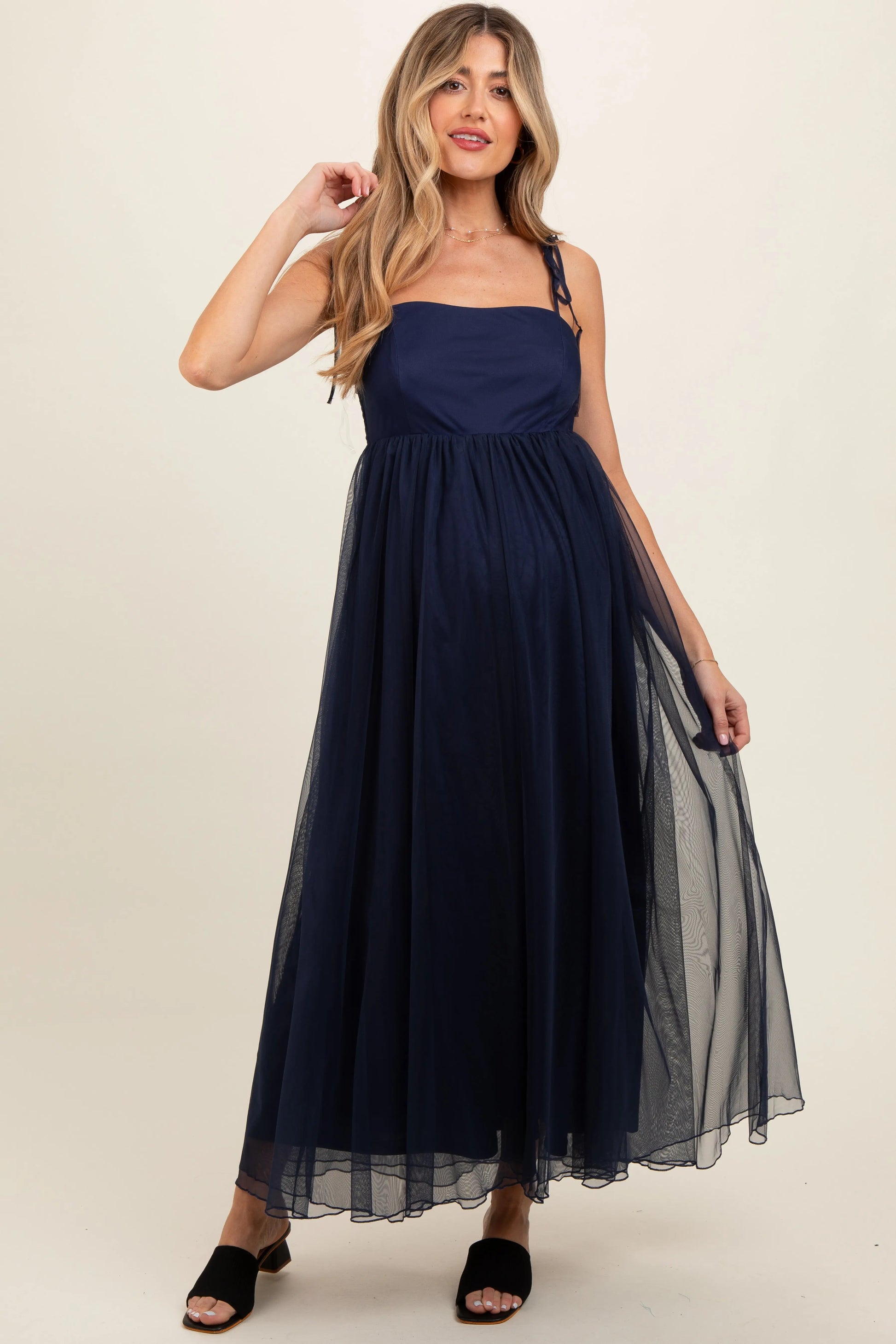 PinkBlush Elegant Navy Blue Tulle Maternity Maxi Dress with Adjustable Straps - Apparel & Accessories > Clothing > Dresses