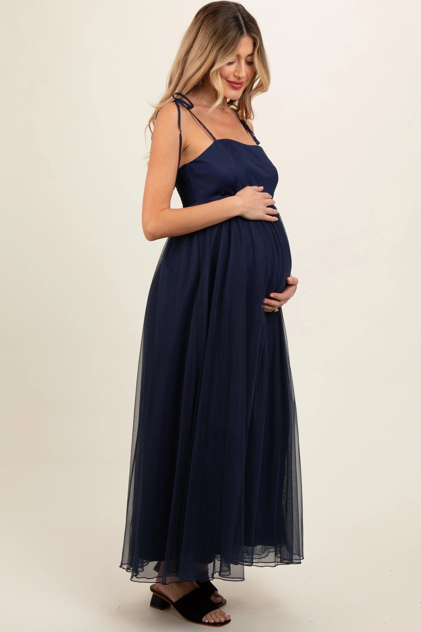 PinkBlush Elegant Navy Blue Tulle Maternity Maxi Dress with Adjustable Straps - Apparel & Accessories > Clothing > Dresses