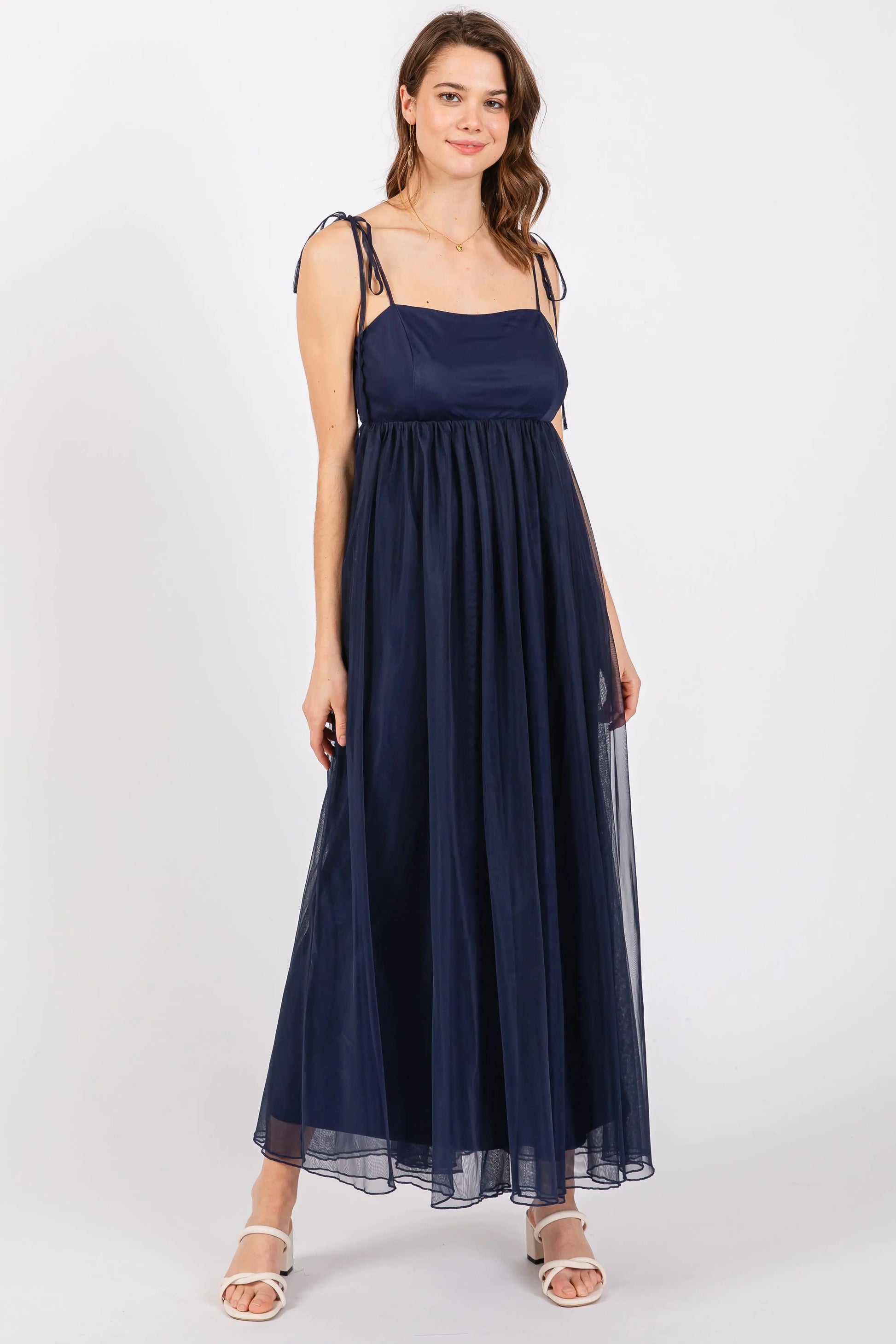 PinkBlush Elegant Navy Blue Tulle Maternity Maxi Dress with Adjustable Straps - Apparel & Accessories > Clothing > Dresses