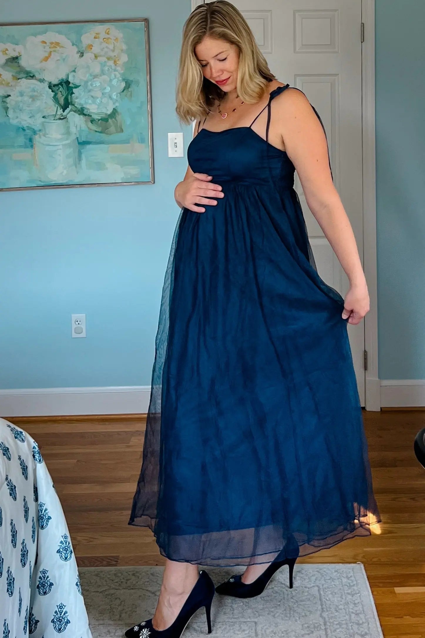 PinkBlush Elegant Navy Blue Tulle Maternity Maxi Dress with Adjustable Straps - Apparel & Accessories > Clothing > Dresses