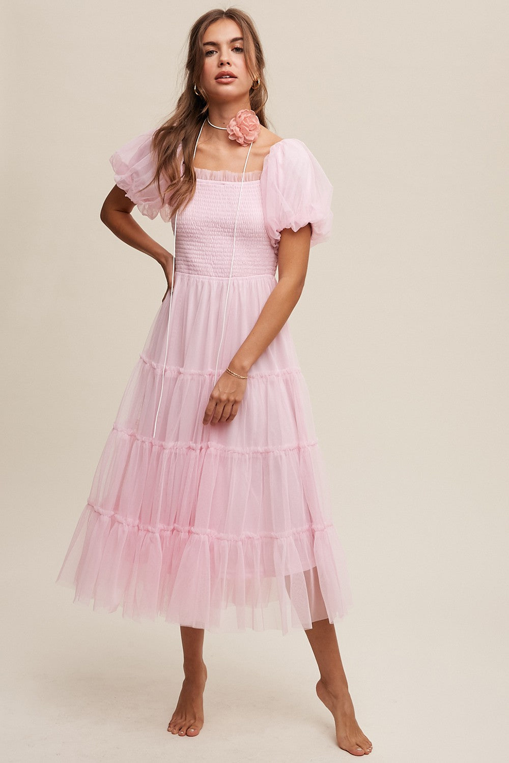Light Pink Smocked Tiered Tulle Maternity Midi Dress by PinkBlush