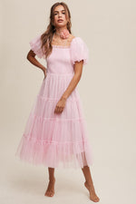 Light Pink Smocked Tiered Tulle Maternity Midi Dress by PinkBlush