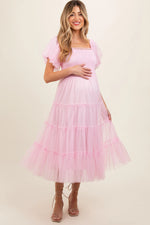 Light Pink Smocked Tiered Tulle Maternity Midi Dress PinkBlush 