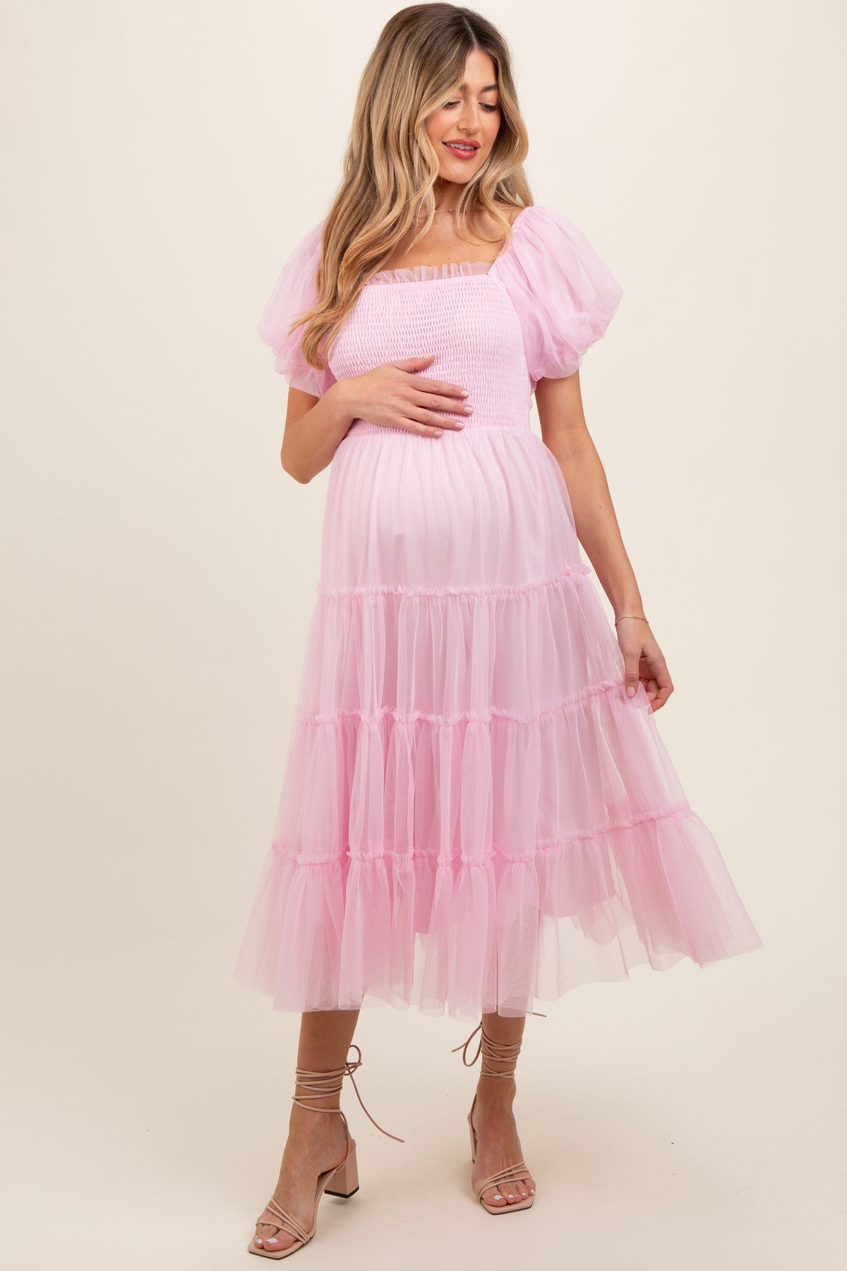 Light Pink Smocked Tiered Tulle Maternity Midi Dress by PinkBlush