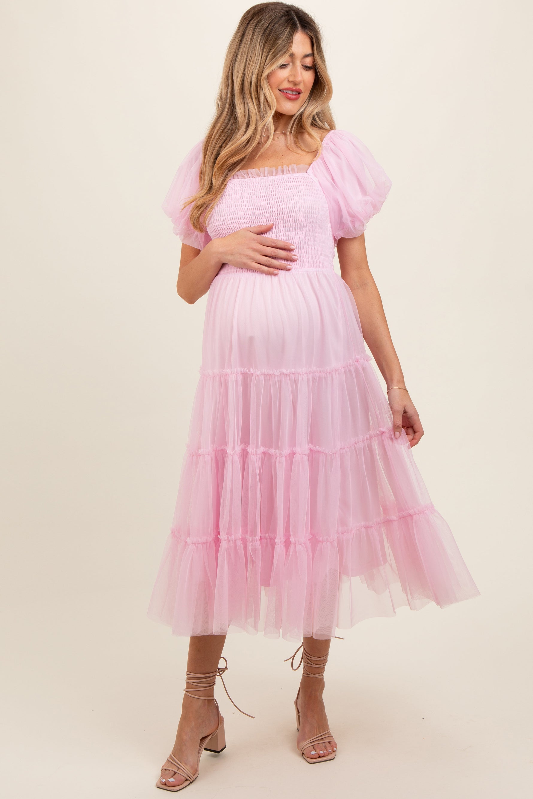 Light Pink Smocked Tiered Tulle Maternity Midi Dress by PinkBlush