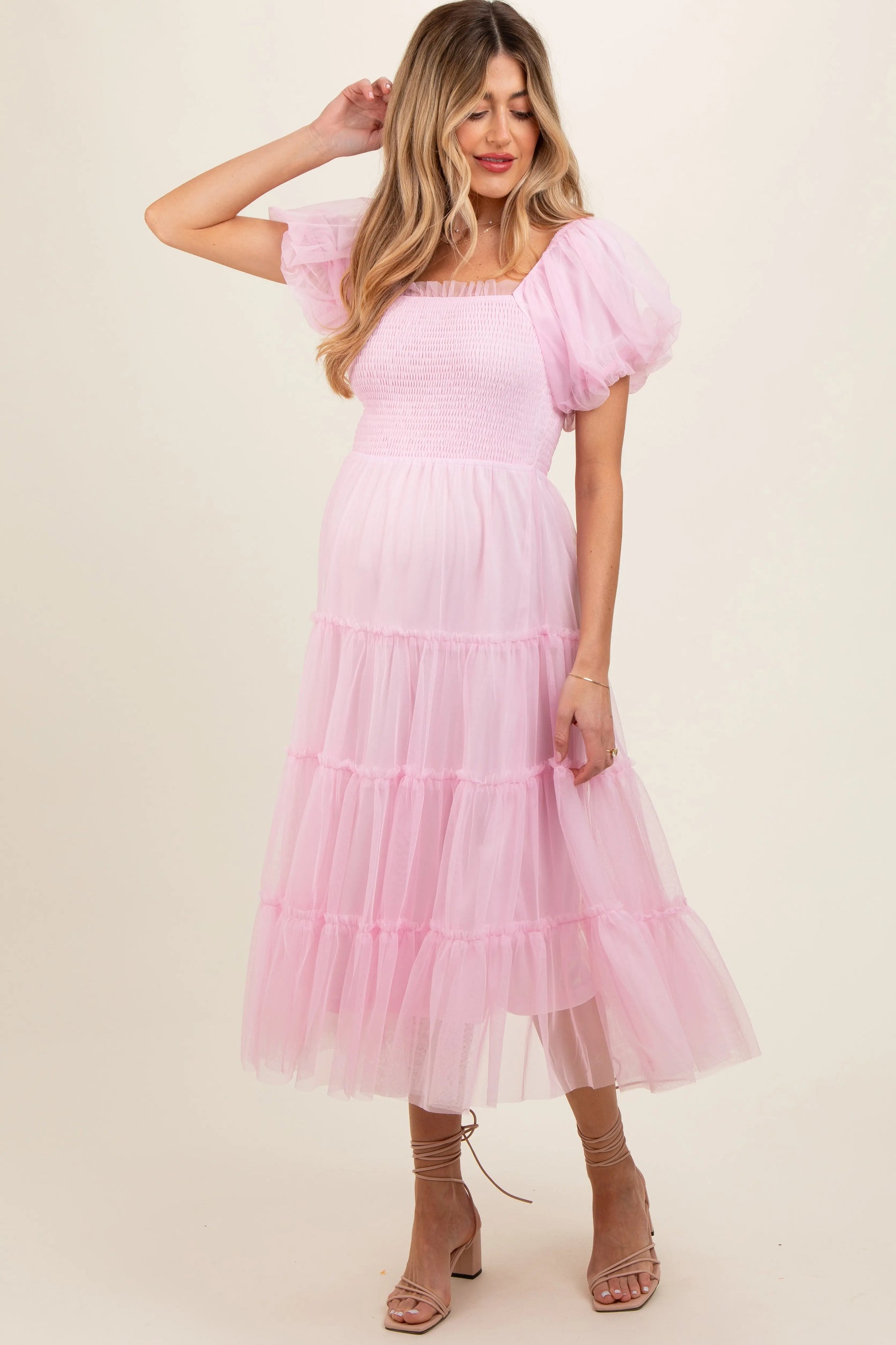 Light Pink Smocked Tiered Tulle Maternity Midi Dress PinkBlush 