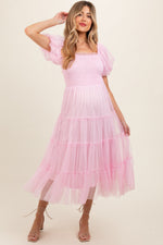 Light Pink Smocked Tiered Tulle Maternity Midi Dress by PinkBlush