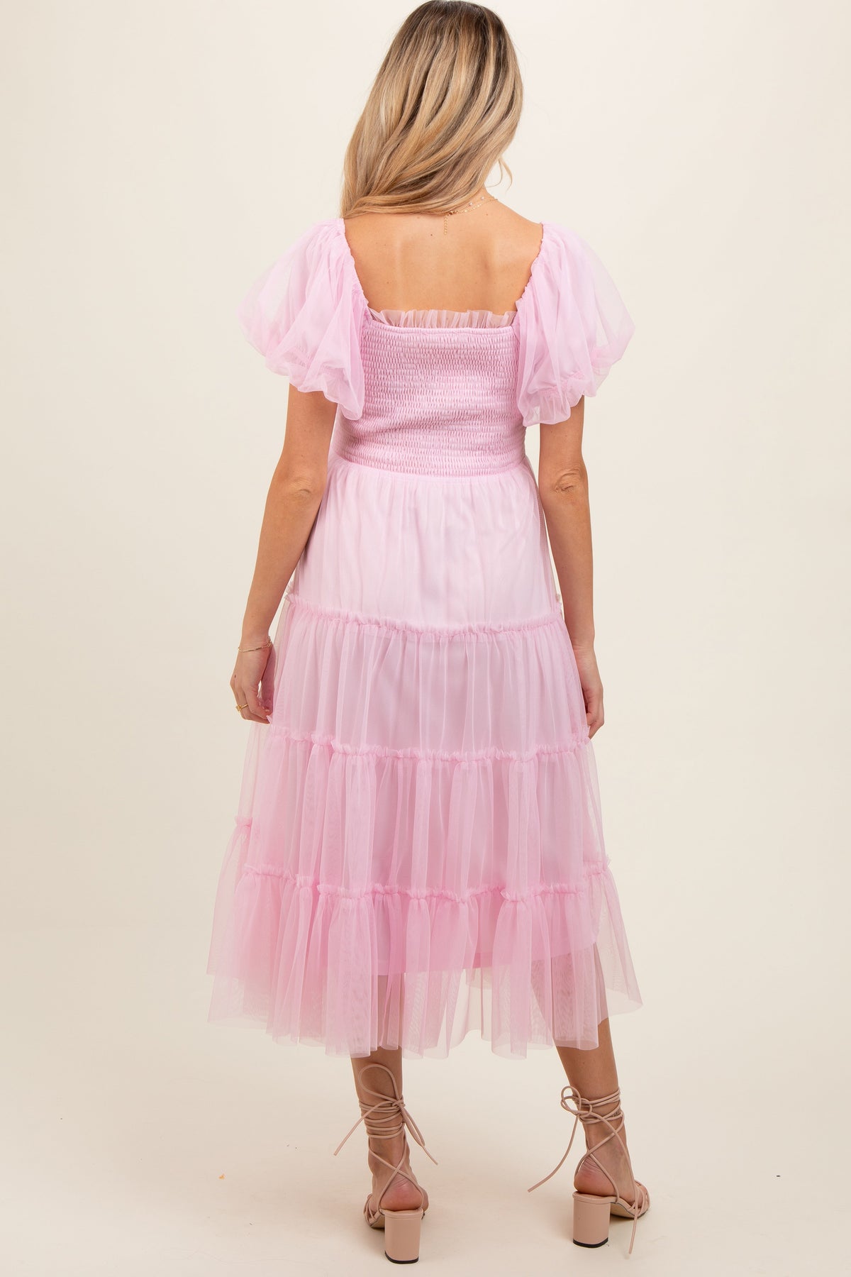 Light Pink Smocked Tiered Tulle Maternity Midi Dress by PinkBlush