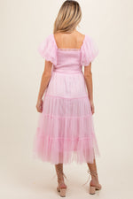 Light Pink Smocked Tiered Tulle Maternity Midi Dress by PinkBlush