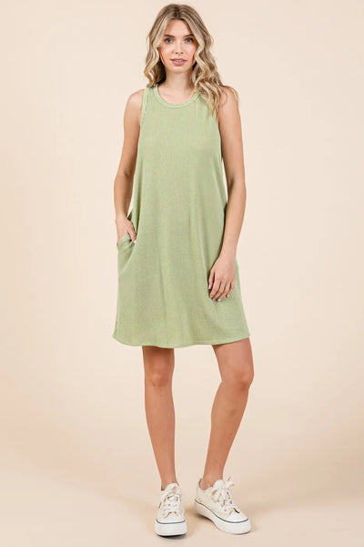 Sage Ribbed Sleeveless Pocketed Dress with Rounded Neckline for Modern Women