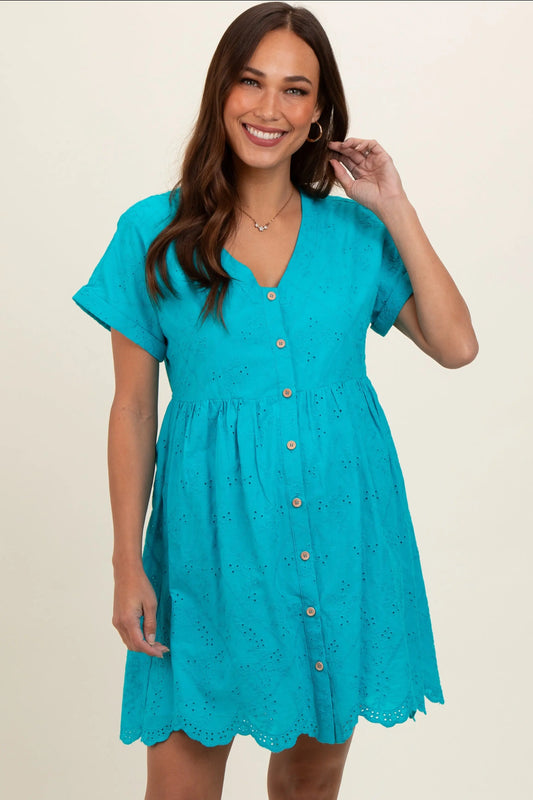 Turquoise Eyelet Button Front Short Sleeve Maternity Dress with Pockets and Double Lining PinkBlush