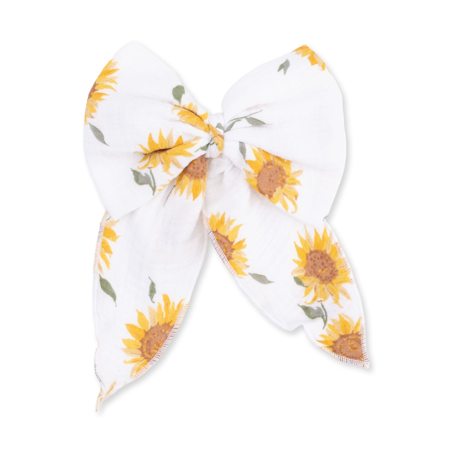 Large hair bow clip with tails in a yellow sunflower print made of organic cotton muslin