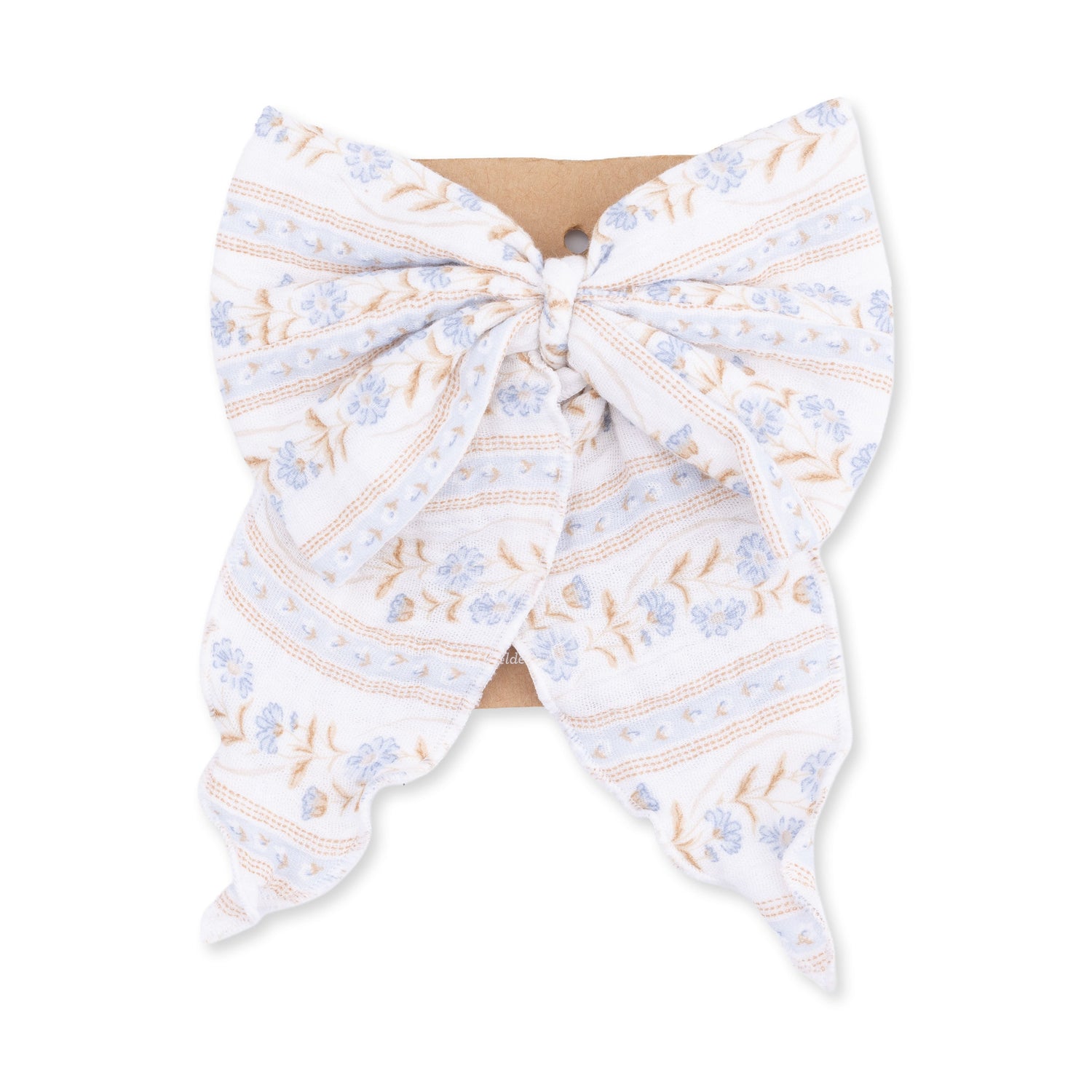 Large hair bow clip in Catarina floral print made of organic cotton muslin, with long tails
