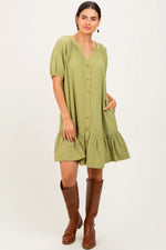 Light Olive Button Front Short Puff Sleeve Maternity Dress PinkBlush 