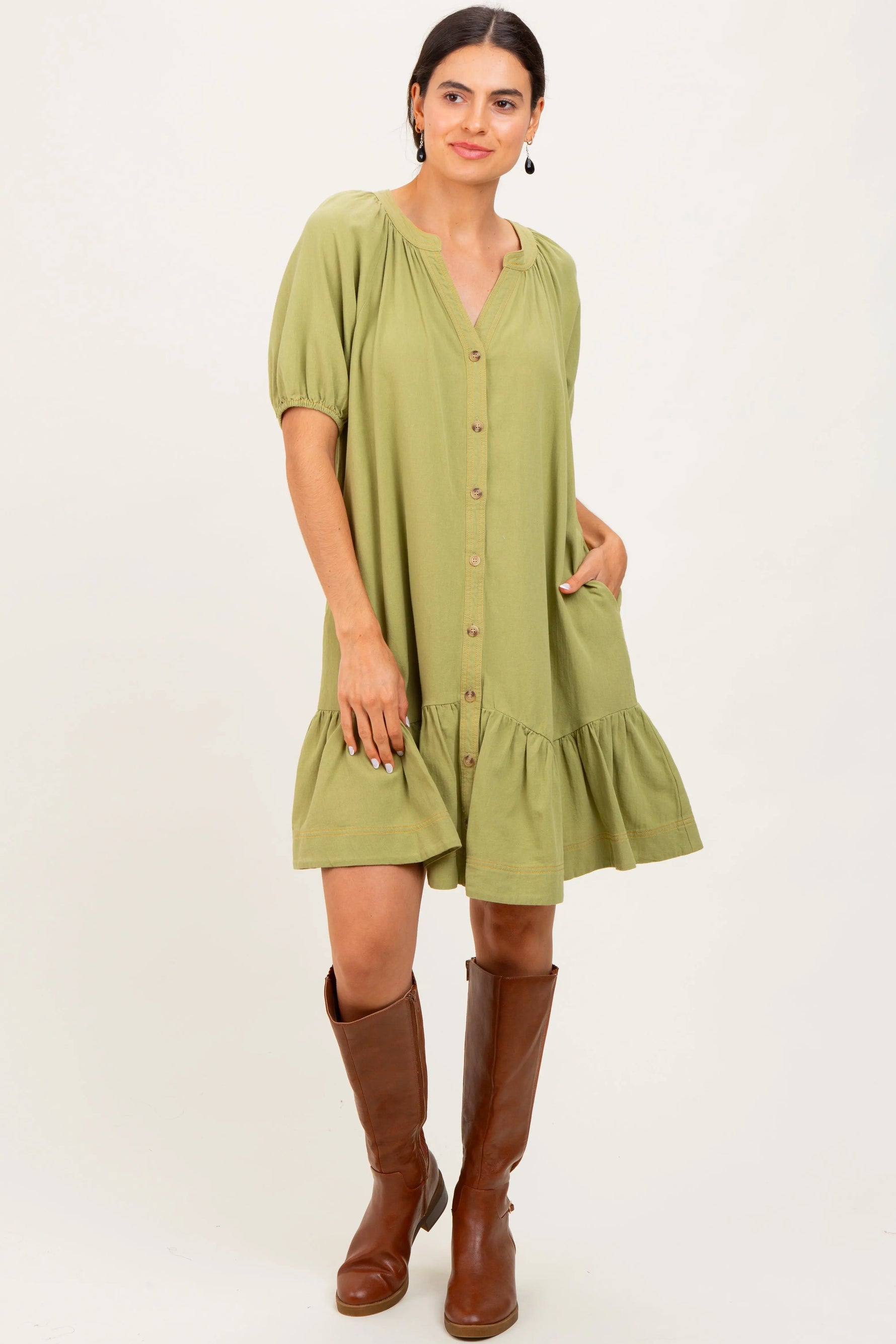 Light Olive Button Front Short Puff Sleeve Maternity Dress PinkBlush 