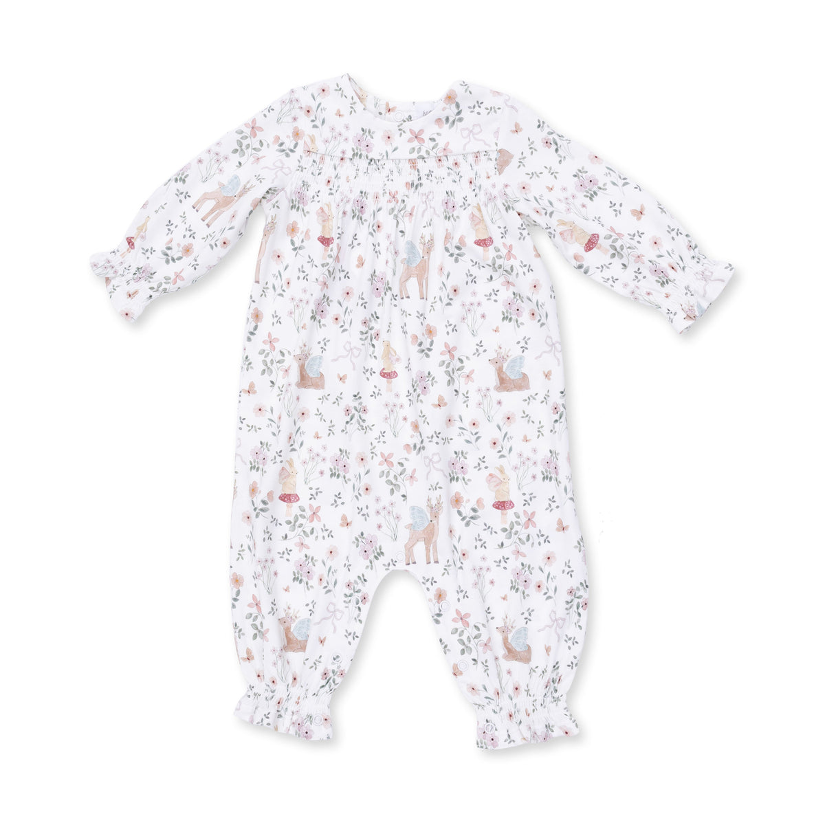 Long sleeve baby romper in Enchanted Woodland print with smocking across the chest and snap closures