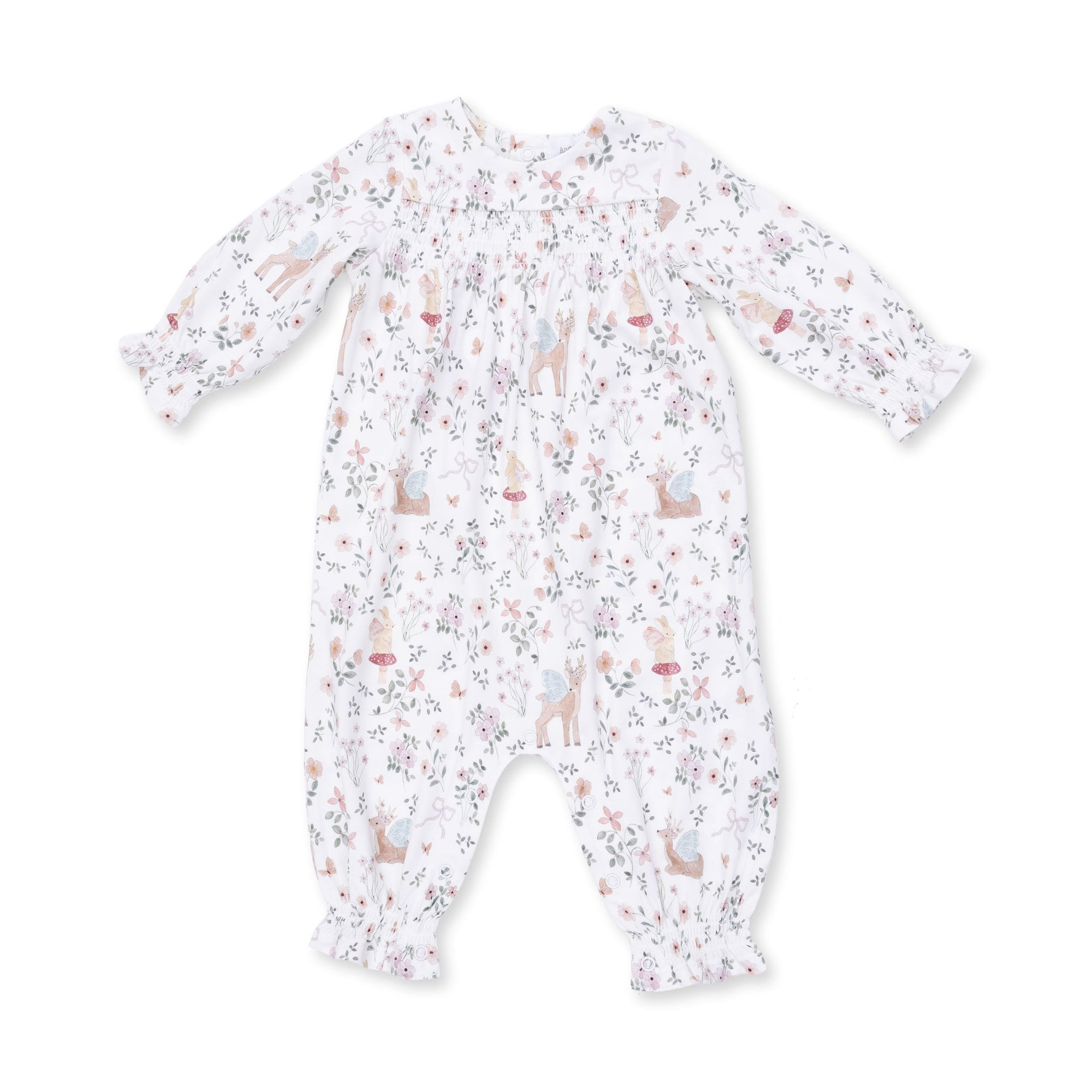 Long sleeve baby romper in Enchanted Woodland print with smocking across the chest and snap closures