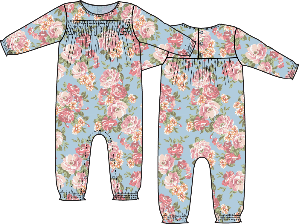 Long sleeve smocked baby romper in the Angeline floral print with snap closures