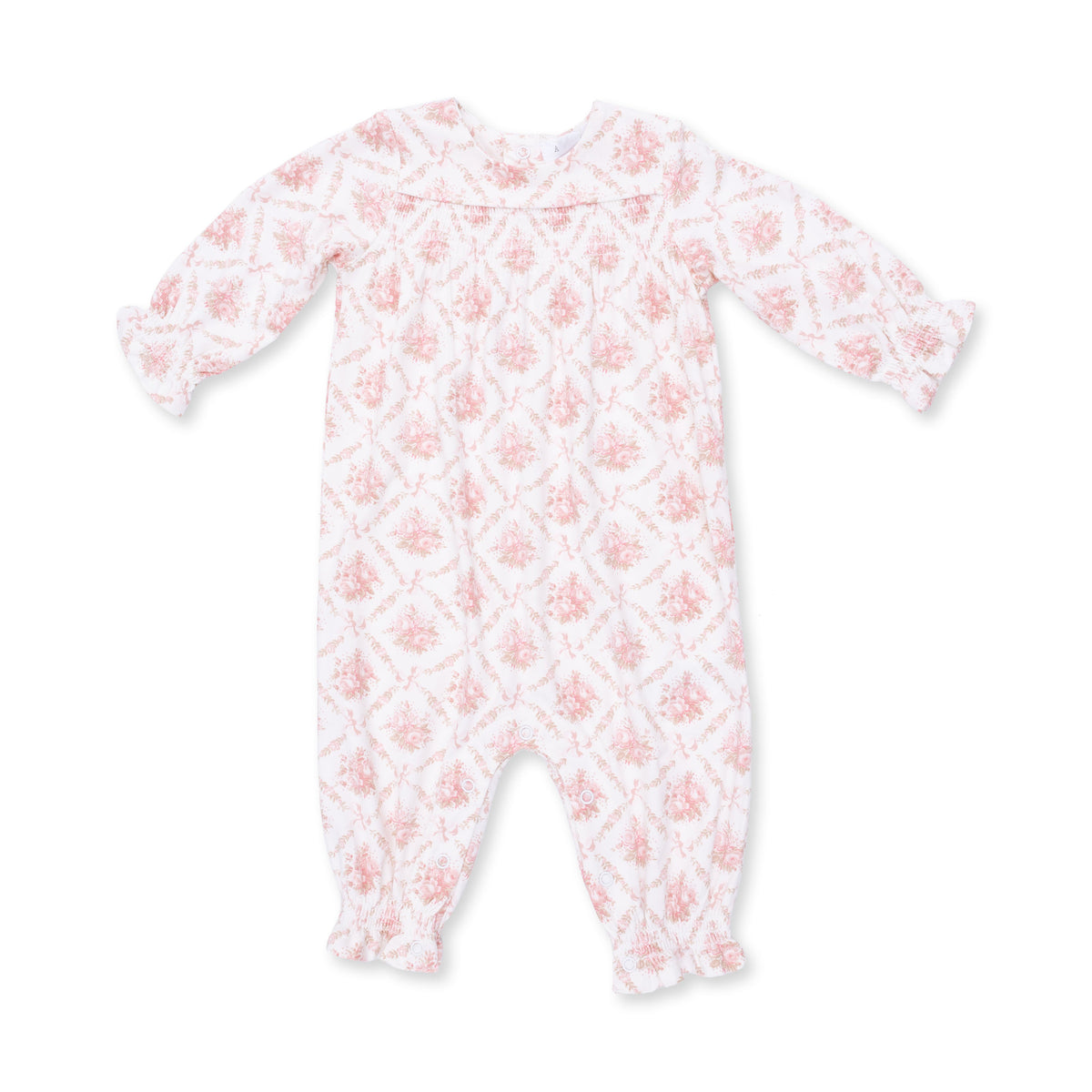 Long sleeve baby romper in rose bow lattice print with smocked detail across the chest