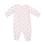 Long sleeve baby romper in rose bow lattice print with smocked detail across the chest