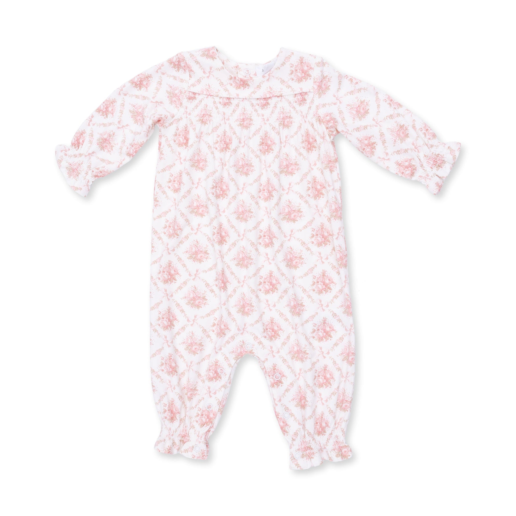 Long sleeve baby romper in rose bow lattice print with smocked detail across the chest