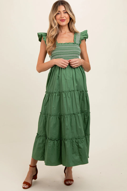 Green Embroidered Smocked Maternity Midi Dress With Tiered Skirt PinkBlush