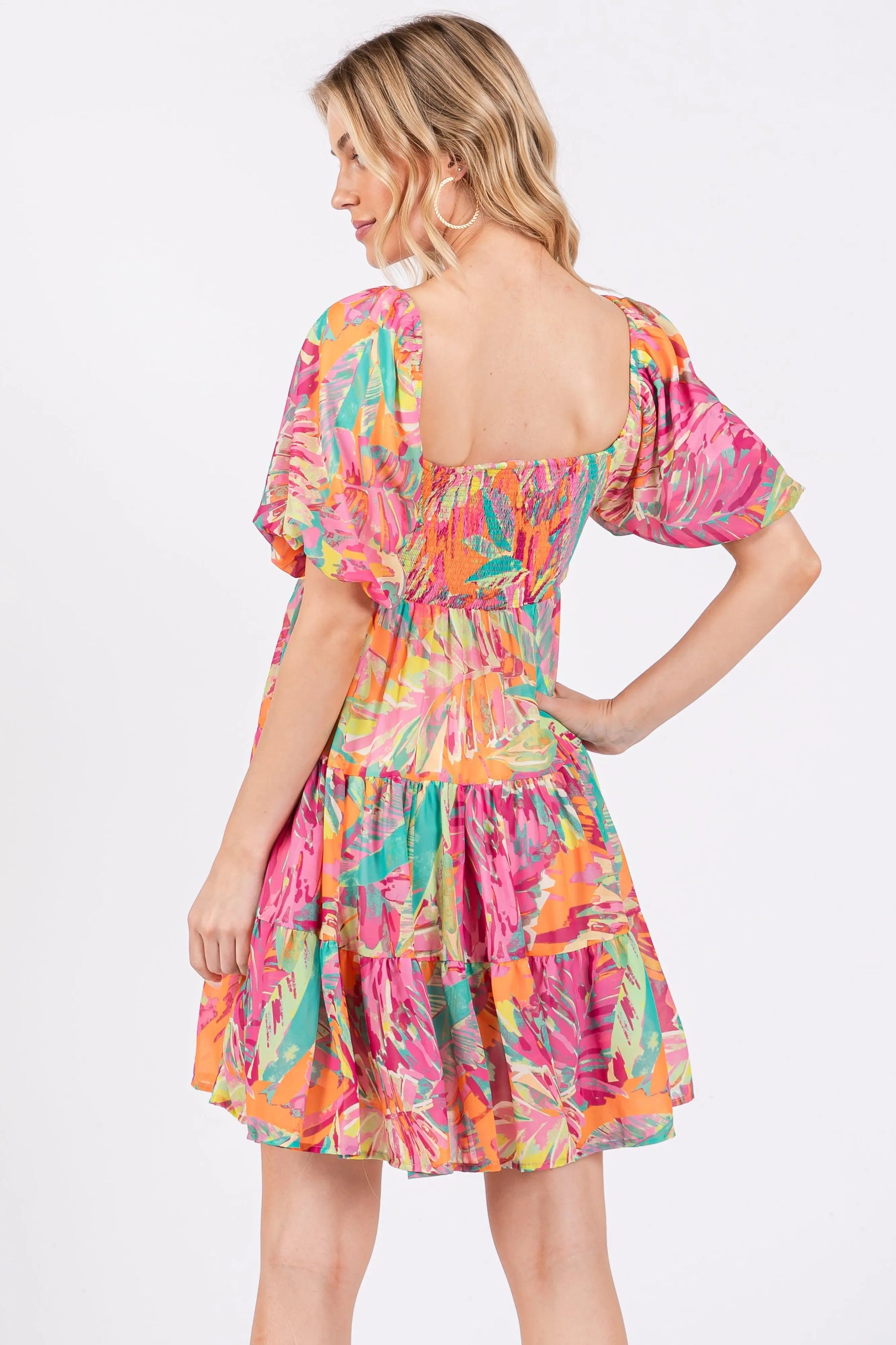 PinkBlush Fuchsia Printed Smocked Puff Sleeve Dress for Stylish Women - Apparel & Accessories > Clothing > Dresses