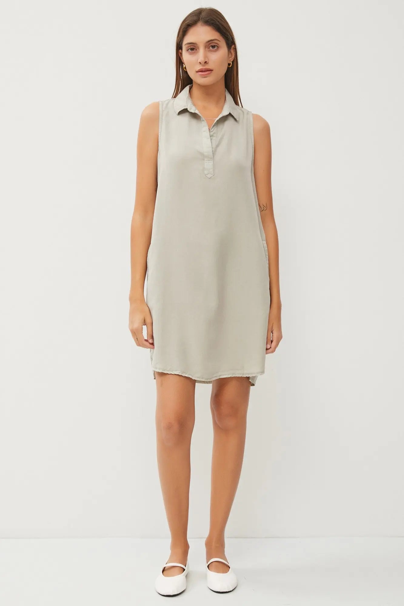 PinkBlush Light Olive V Neck Dress with Collared Design for Stylish Women - Apparel & Accessories > Clothing > Dresses