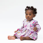 Long sleeve ruffle bodysuit dress in a dahlia floral print with a built-in snap bodysuit bottom