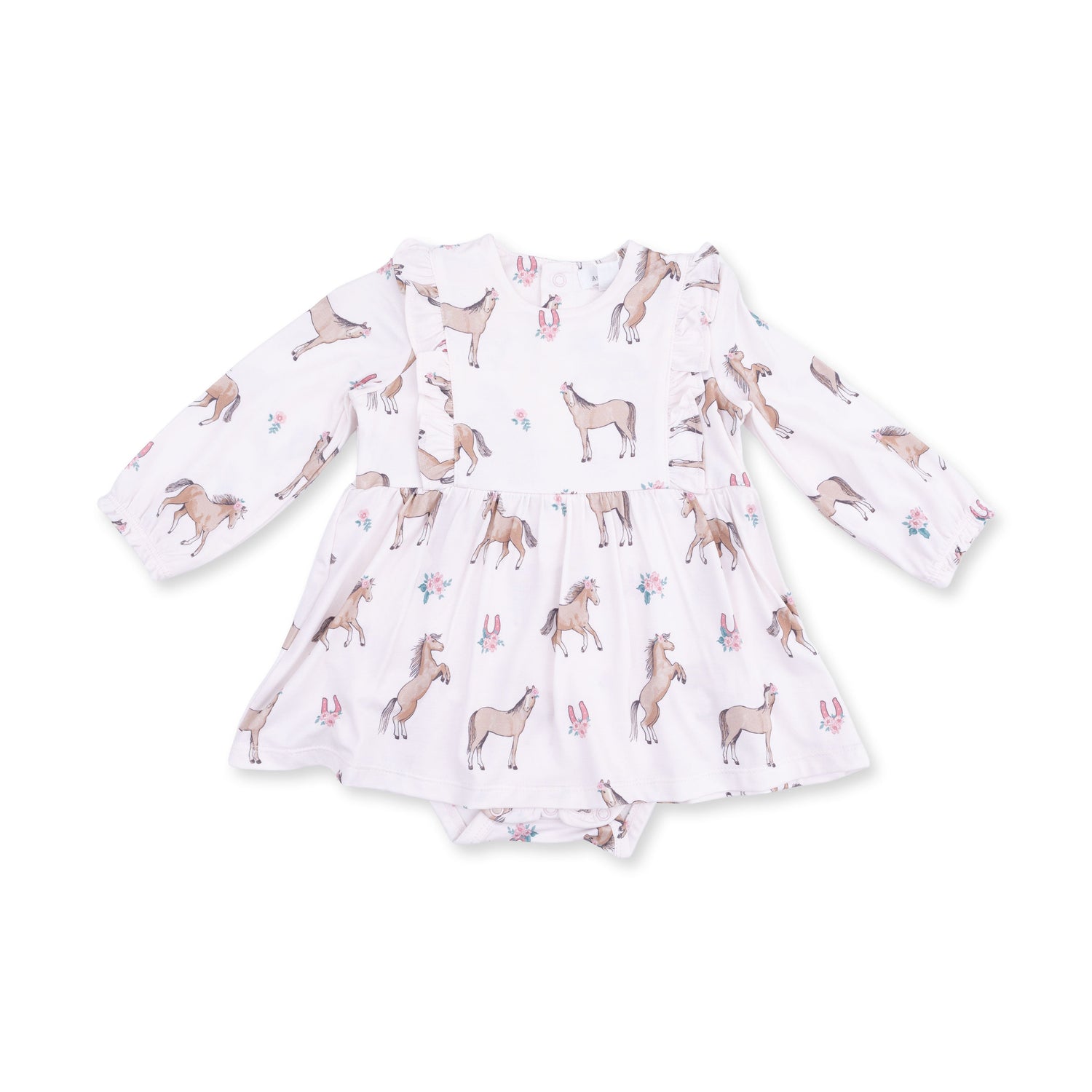 Long sleeve ruffle bodysuit dress with an I Love Horses print, snap closure and ruffled hem