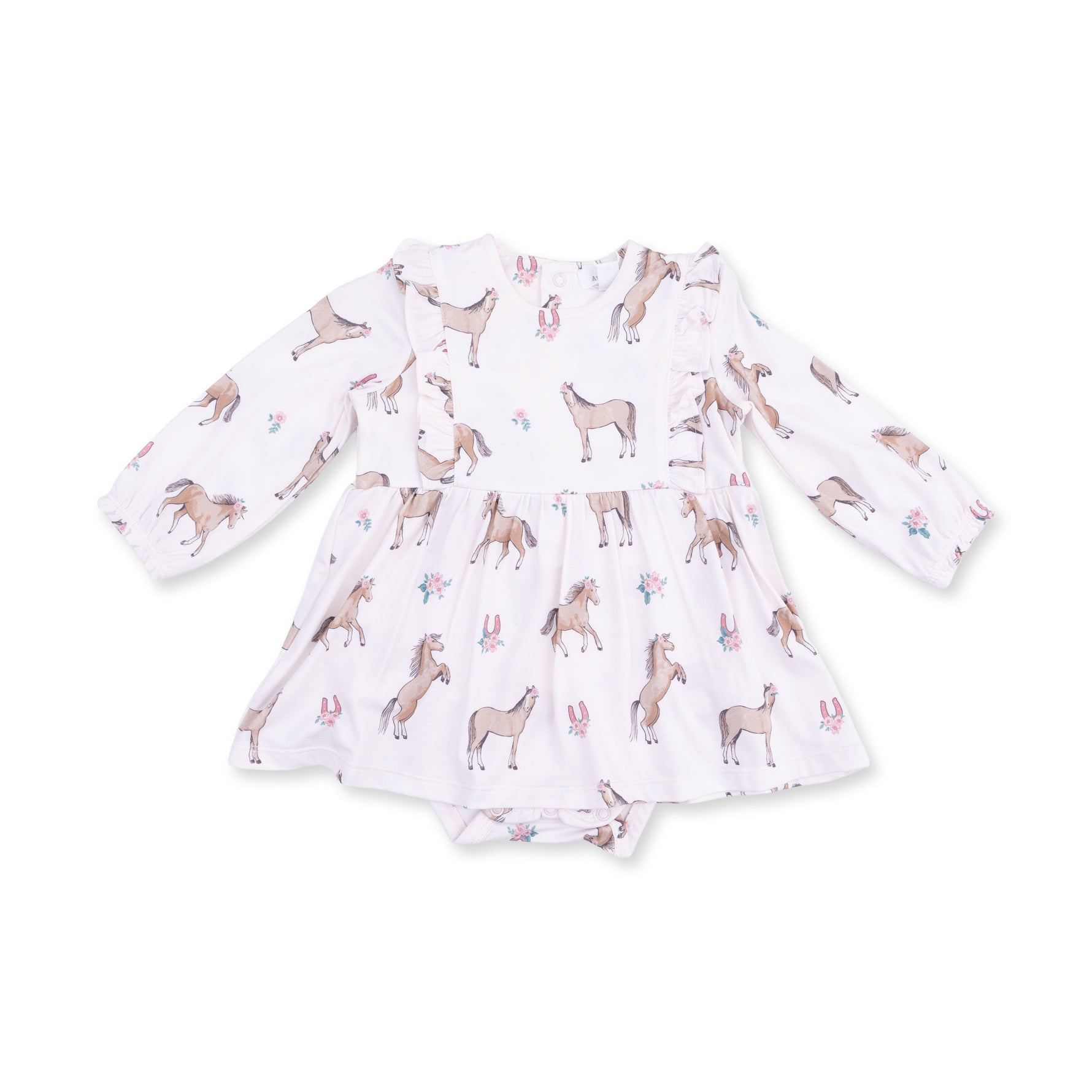 I Love Horses - Long Sleeve Ruffle Bodysuit Dress by Angel Dear (view 2 of 4)