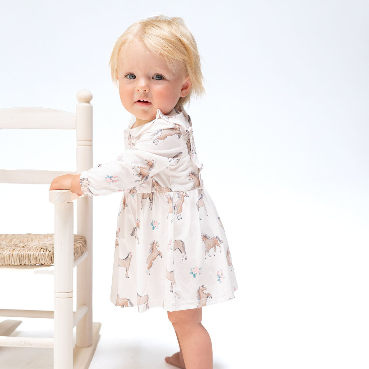I Love Horses - Long Sleeve Ruffle Bodysuit Dress by Angel Dear (view 1 of 4)
