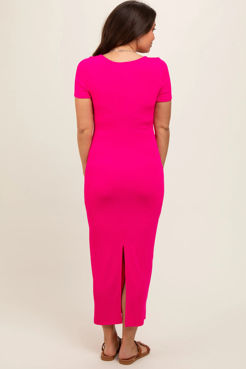 Fuchsia Ribbed Fitted Maternity Midi Dress PinkBlush
