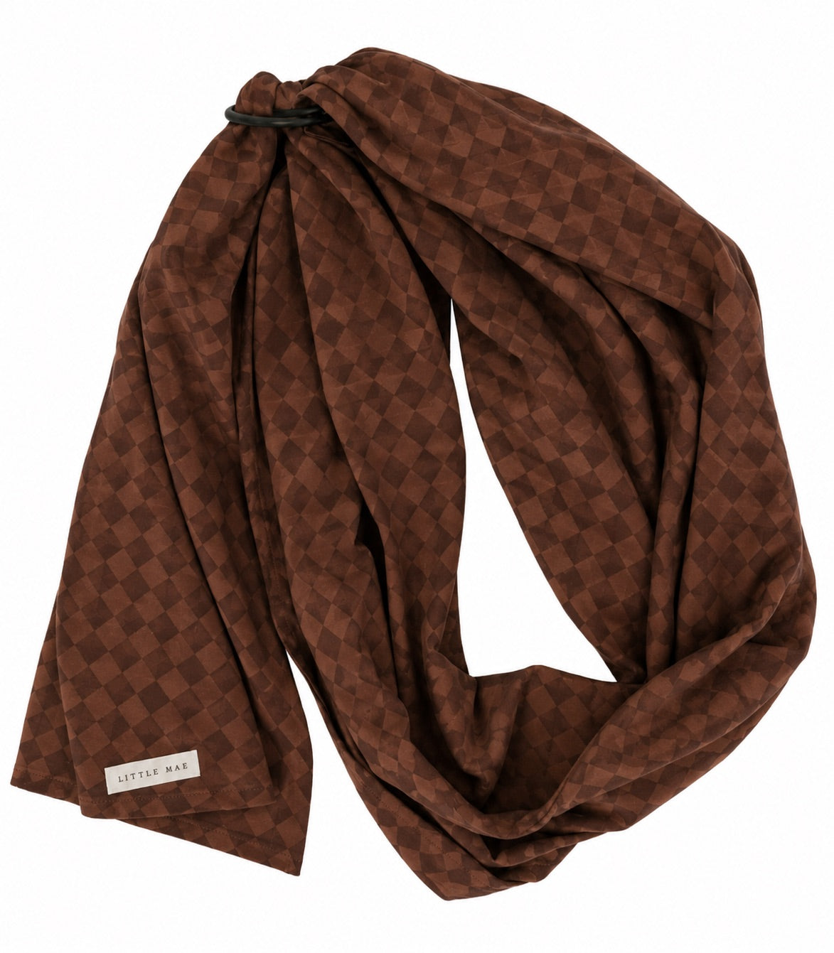 Brown diamond print ring sling baby carrier with black aluminum rings