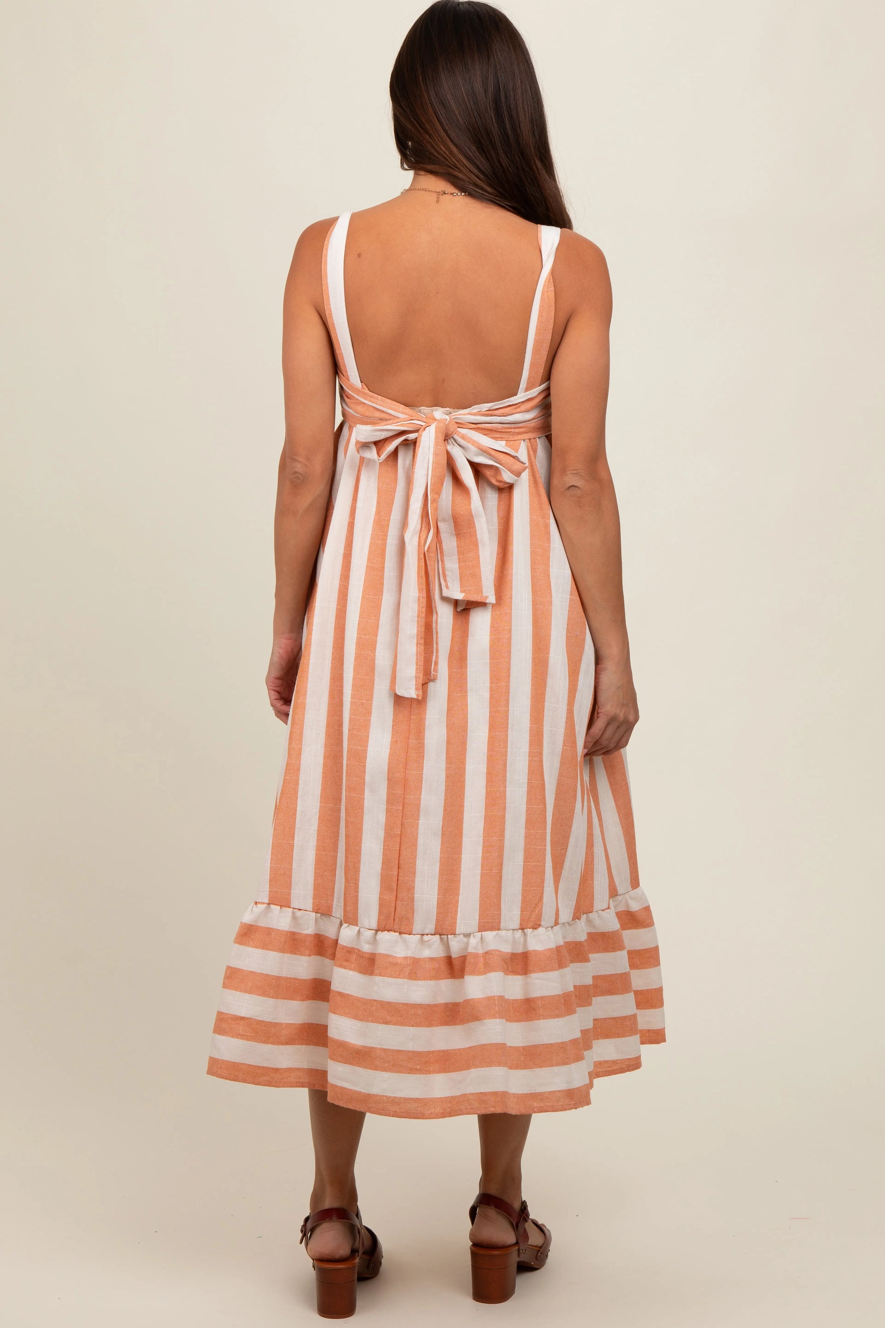 PinkBlush Stylish Orange Linen Striped Midi Dress with Tie Back for Expecting Mothers - Apparel & Accessories > Clothing > Dresses