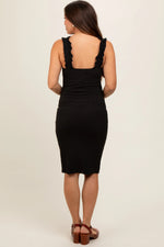 PinkBlush PinkBlush Black Ribbed Ruffle Strap Maternity Midi Dress for Expecting Moms - Apparel & Accessories > Clothing > Dresses