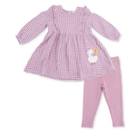 Berry gingham long sleeve ruffle dress with goose applique paired with matching ribbed leggings