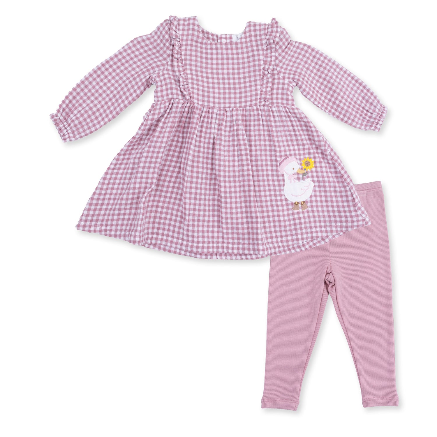 Berry gingham long sleeve ruffle dress with goose applique paired with matching ribbed leggings