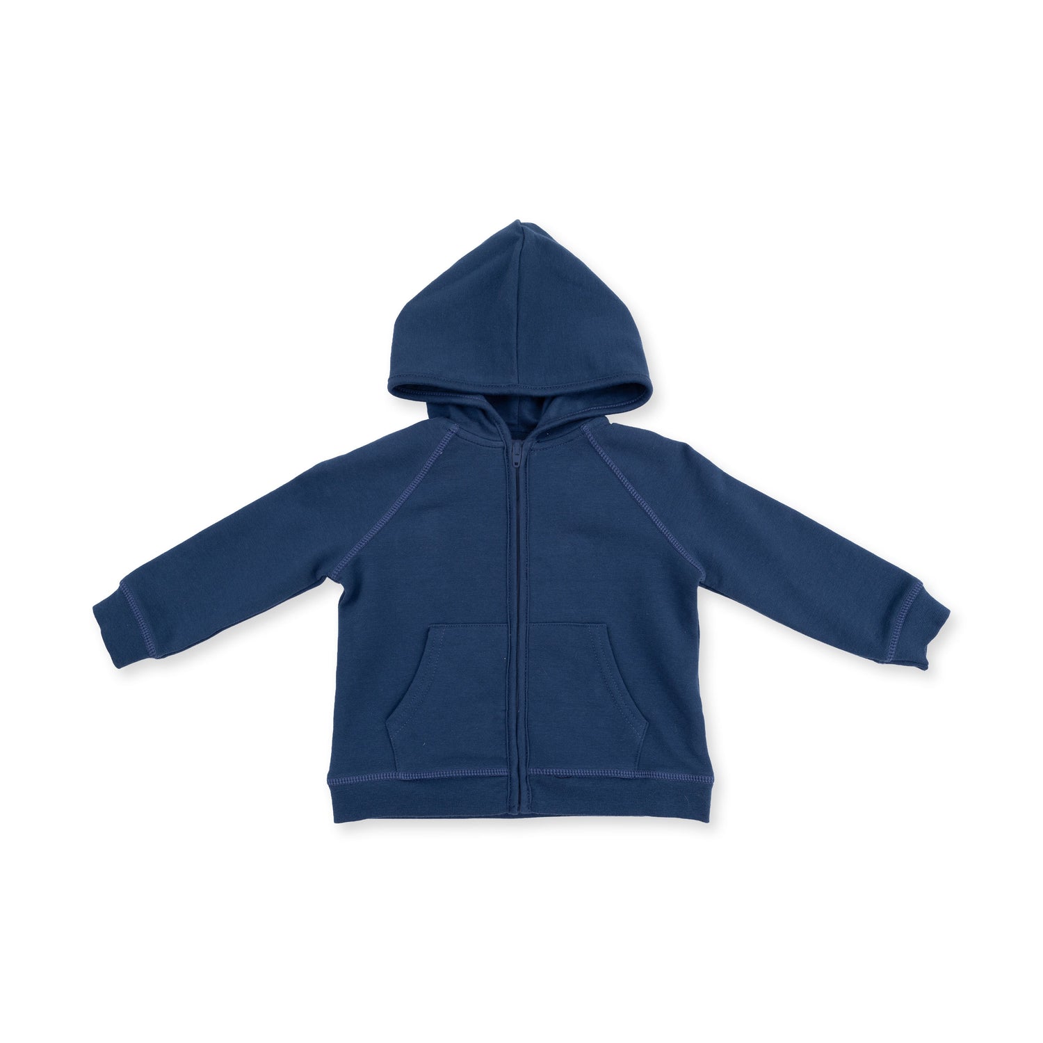 Zip hoodie in solid insignia blue organic French terry with a hood and full-length front zipper