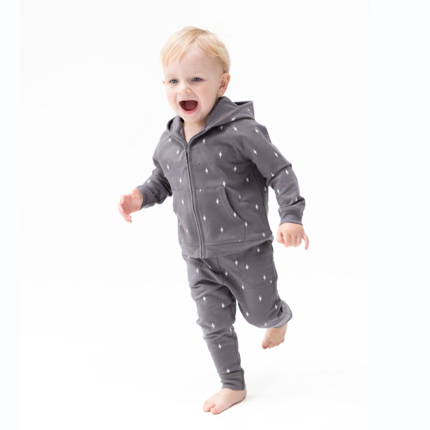Zip hoodie in organic French terry with a scattered lightning bolt print and full-length zipper
