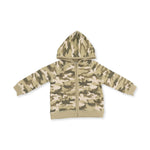 Baby zip hoodie in green and gray camo print with a hood and full-length front zipper