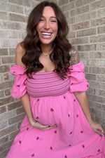 PinkBlush Elegant Pink Gauze Maternity Midi Dress with Embroidery for Expecting Moms - Apparel & Accessories > Clothing > Dresses