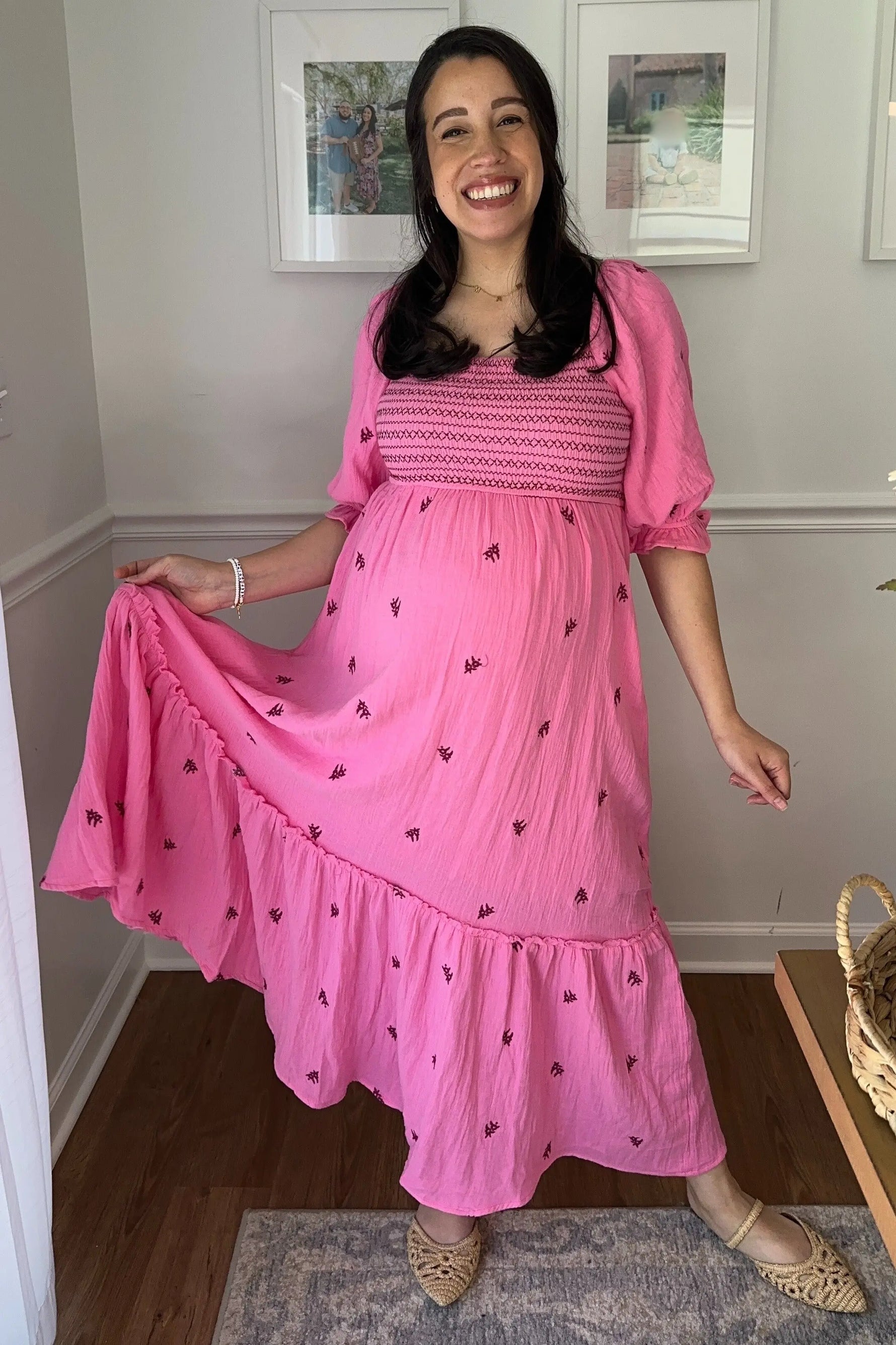 PinkBlush Elegant Pink Gauze Maternity Midi Dress with Embroidery for Expecting Moms - Apparel & Accessories > Clothing > Dresses