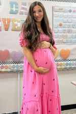 PinkBlush Elegant Pink Gauze Maternity Midi Dress with Embroidery for Expecting Moms - Apparel & Accessories > Clothing > Dresses