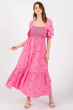 PinkBlush Elegant Pink Gauze Maternity Midi Dress with Embroidery for Expecting Moms - Apparel & Accessories > Clothing > Dresses