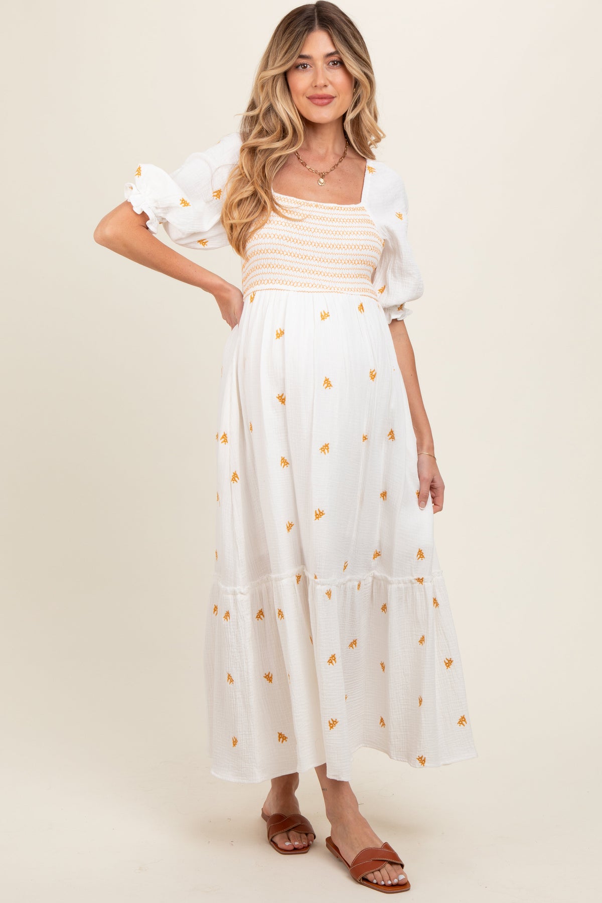 Ivory Gauze Smocked Embroidered Square Neck Maternity Midi Dress by PinkBlush (view 2 of 5)