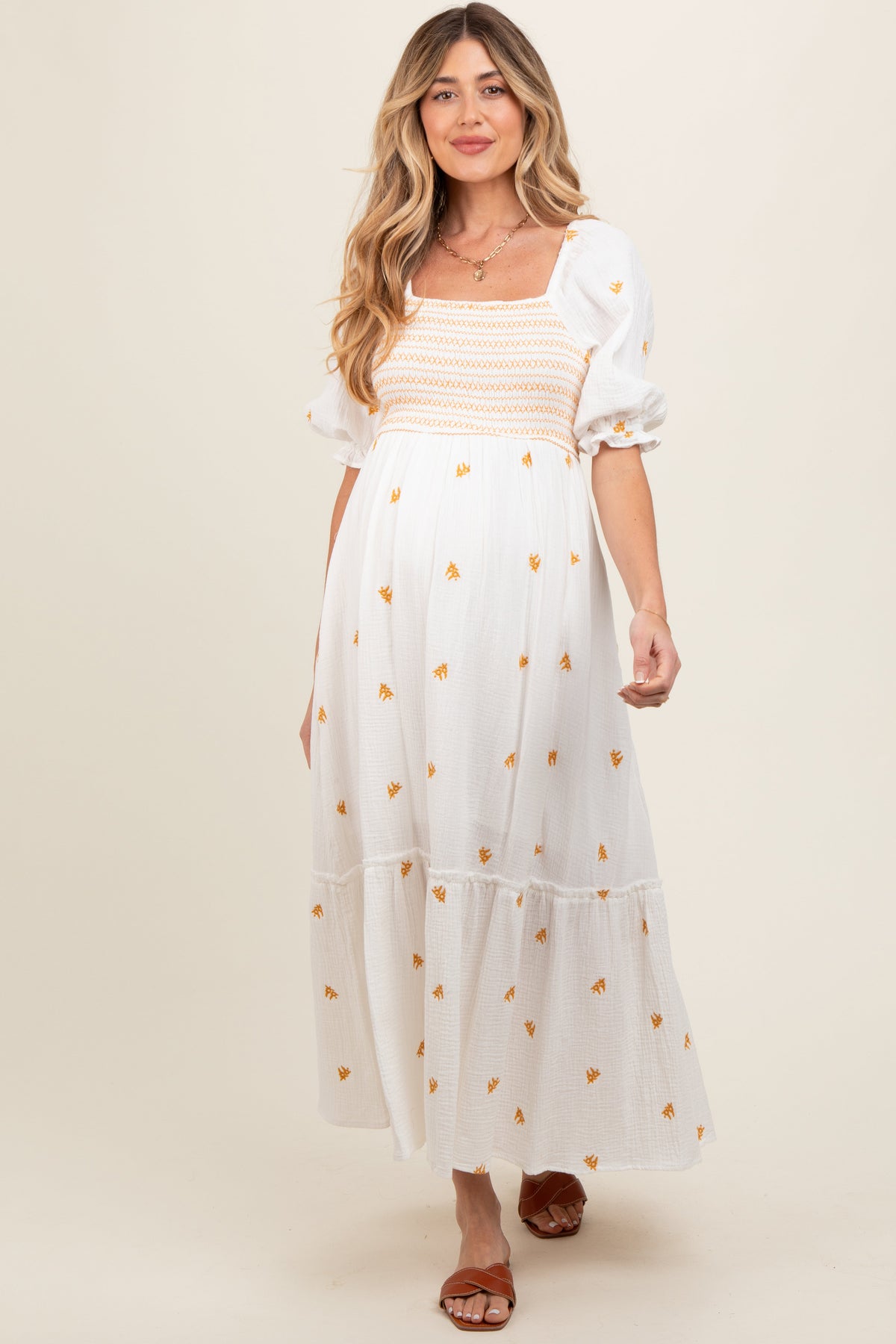 Ivory Gauze Smocked Embroidered Square Neck Maternity Midi Dress by PinkBlush (view 1 of 5)