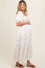 Ivory Gauze Smocked Embroidered Square Neck Maternity Midi Dress by PinkBlush (view 3 of 5)
