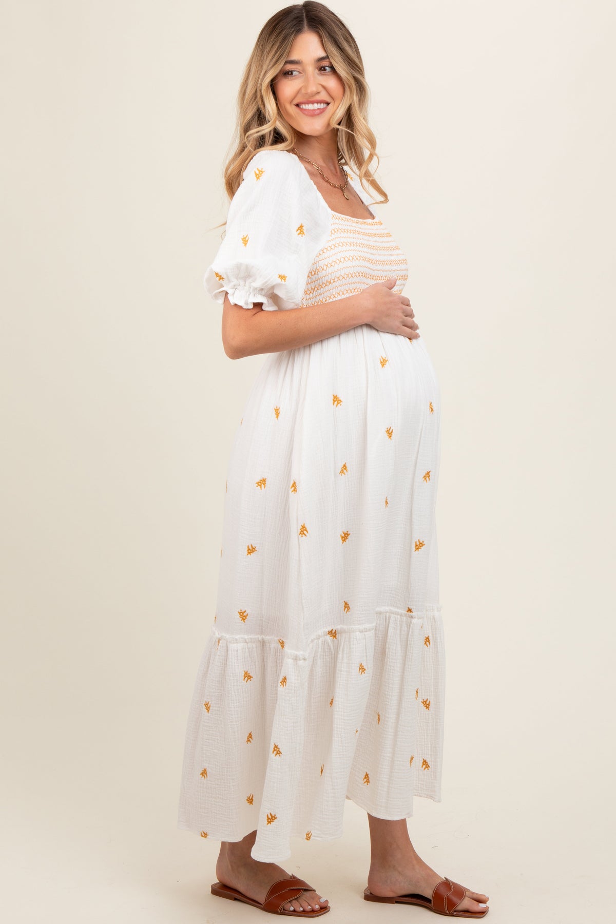 Ivory Gauze Smocked Embroidered Square Neck Maternity Midi Dress by PinkBlush (view 3 of 5)