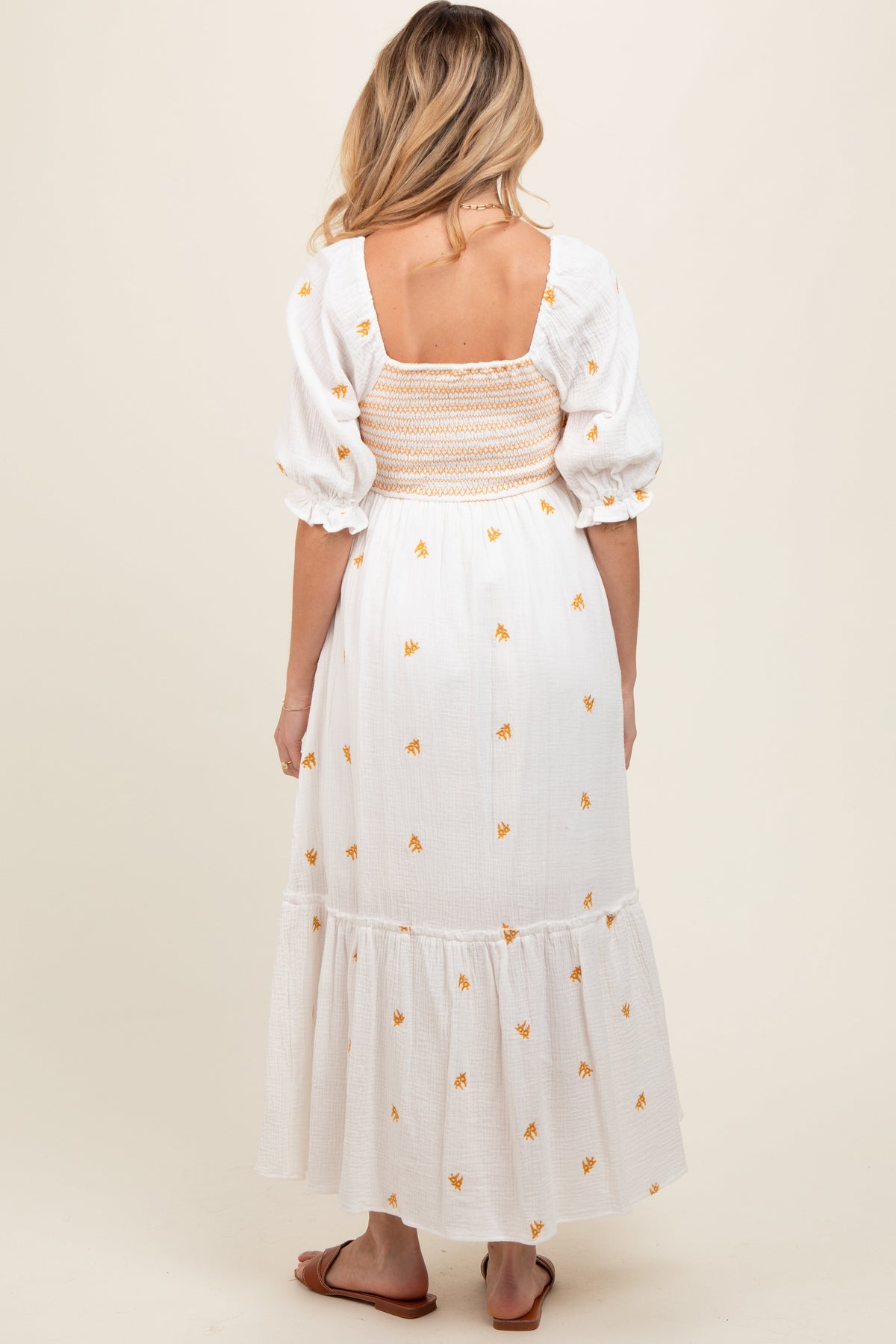 Ivory Gauze Smocked Embroidered Square Neck Maternity Midi Dress by PinkBlush (view 4 of 5)